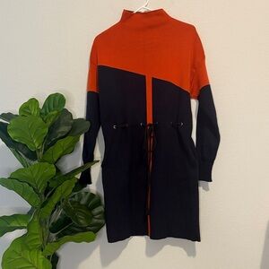 Orange and Navy blue Colorblock high neck sweater Dress